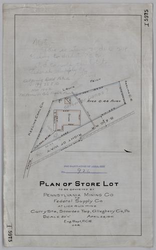 Plan of store lot to be conveyed by Pennsylvania Mining Co. to Federal Supply Co. at Lick Run Mine