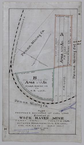 Plan of proposed exchange of land between Pennsylvania Mining Co. and P. R. Luce at Wick Haven Mine