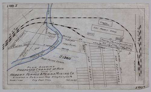 Plan showing proposed change of Montour Run through the lands of Robert Ferree and Pennsylvania Mining Co.
