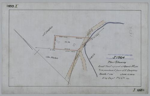 Plan showing small tract of land at Sarah Mine to be purchased from J. E. Douglass