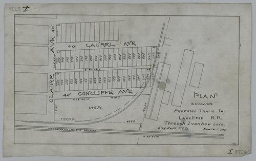 Plan showing proposed track to Lake Erie Railroad through Ivanhoe lots