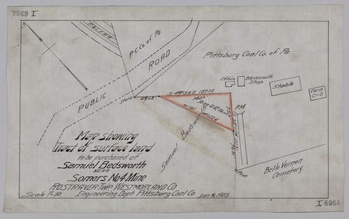 Map showing tract of surface land to be purchased of Samuel Bedsworth near Somers No. 4 Mine