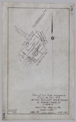 Plan of lot to be conveyed to Pittsburgh, Cincinnati, Chicago & St. Louis Railroad, Millers Run extension by Federal Supply Co.