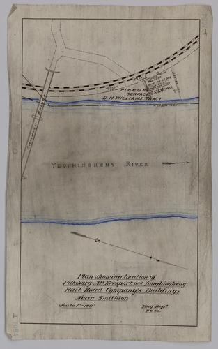 Plan showing location of Pittsburgh, McKeesport & Youghiogheny Railroad's buildings near Smithton