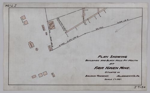 Plan showing buildings and Black Hills pit mouth at Fair Haven Mine