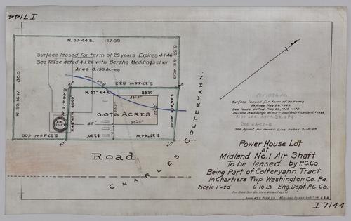Plan showing power house lot at Midland # 1 air shaft to be leased to Pittsburgh Coal Co., being part of Colteryahn tract