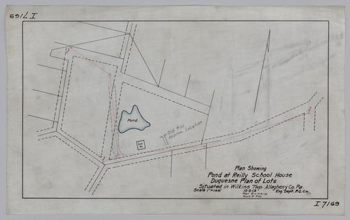 Plan showing pond at Reilly school house in the Duquesne plan of lots