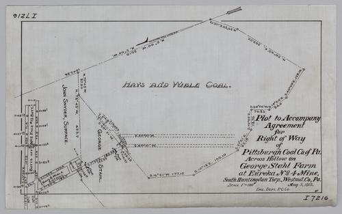 Plat to accompany agreement for right of way of Pittsburgh Coal Co. across hollow on George Stahl farm at Eureka No. 4 Mine