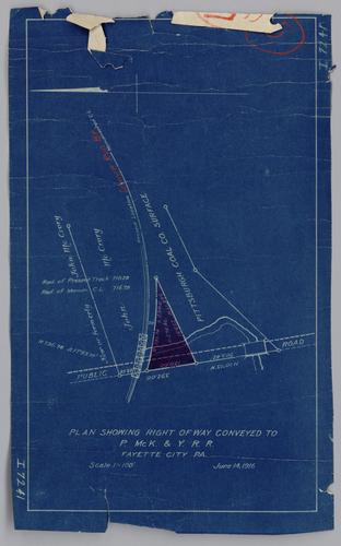 Plan showing right of way conveyed to Pittsburgh, McKeesport & Youghiogheny Railroad near Fayette City