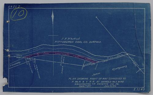 Plan showing right of way conveyed to Pittsburgh, McKeesport & Youghiogheny Railroad at Arnold No. 2 Mine
