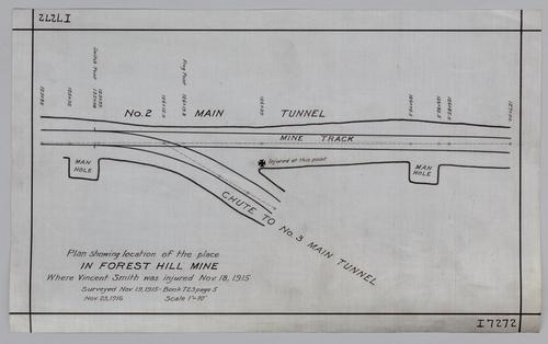 Plan showing location of the place in Forest Hill Mine where Vincent Smith was injured on Nov. 18, 1915