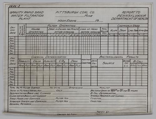 Blank report form for gravity rapid sand water filtration plant of Pittsburgh Coal Co.
