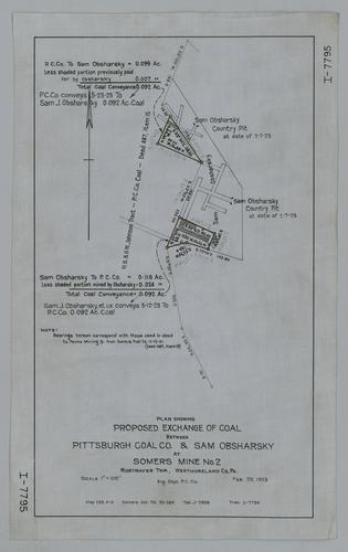 Plan showing proposed exchange of coal between Pittsburgh Coal Co. and Sam Obsharsky at Somers No. 2 Mine