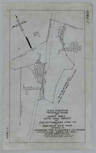 Plan showing trespass made by Harry Reed into coal owned by Pittsburgh Coal Co. at Montour No. 8 Mine