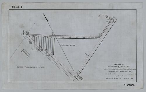 Plan showing trespass of H. G. Sharpnack country pit on Peter Perchment heirs tract at Oak Hill No. 3 Mine
