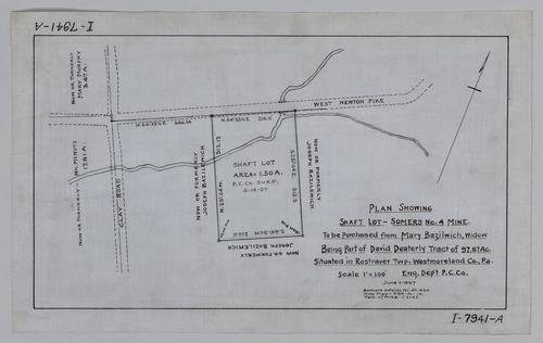 Plan showing shaft lot at Somers No. 4 Mine to be purchased from Mary Bazilwich, widow, being part of David Deaterly tract