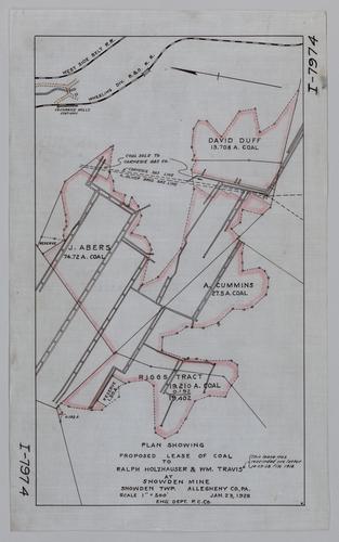 Plan showing proposed lease of coal to Ralph Holzhauser and William Travis at Snowden Mine