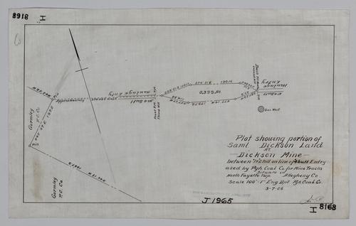 Plan showing portion of Samuel Dickson land at Dickson Mine between no. 1 and no. 2 hill on line of no. 4 butt entry used by Pittsburgh Coal Co. for mine tracks