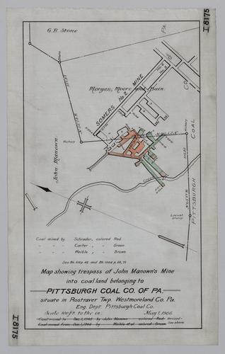 Map showing trespass of John Manown's Mine into coal land belonging to Pittsburgh Coal Co.