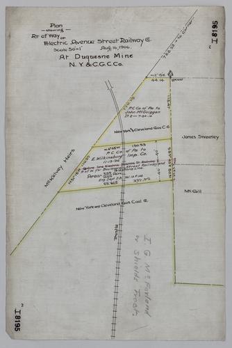 Plan showing right of way of Electric Avenue Street Railway Co. at Duquesne Mine