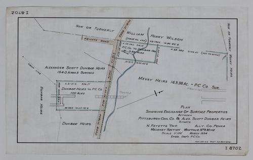 Plan showing exchange of surface properties between Pittsburgh Coal Co. and Alex Scott Dunbar heirs in the Meloney section of Montour No. 9 Mine