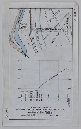 Plan and profile of proposed water tank and water line in the main hoist shaft at Montour No. 4 Mine