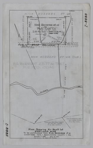 Plan showing air shaft lot at Westland Mine to be purchased from Nick Kozares et ux.