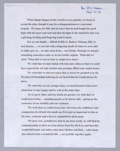 Cooper, Bill, Statement by Elsie Hillman on the Death of Bill Cooper