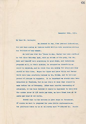 Frick writes that wage reductions will not create any resistance and thinks that reductions should also be made at [Keystone Bridge Company]