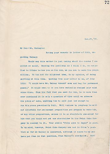 Frick writes on Mr. Rainey and his relation to the Frick Coke Company