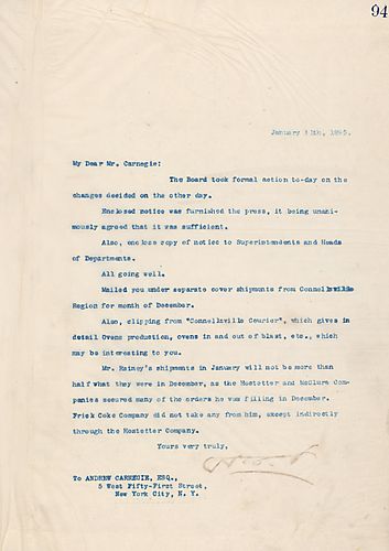 Frick writes on Board actions, sends a clipping from the Connellsville Courier, and writes on Mr. Rainey's January shipments