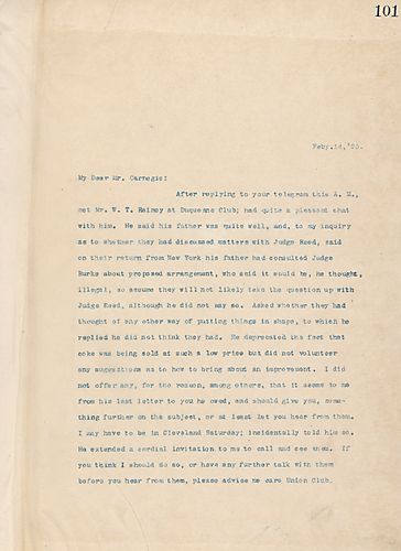Frick writes on his meeting with Mr. Rainey at the Duquesne Club