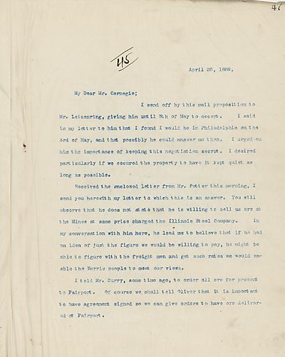 Frick writes on his proposition to Mr. Leisenring and Mr. Potter's refusal to sell ore at their requested amount