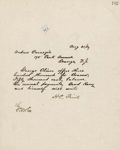 Frick writes that George Oliver is offering $300,000 for Beaver [Falls works]