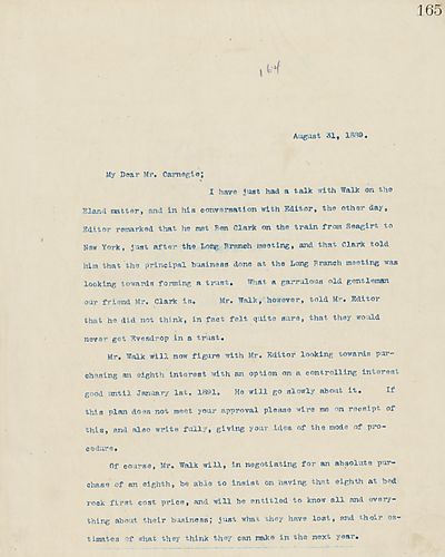 Frick writes to Carnegie on the Eland matter and the Long Branch meeting with names being coded