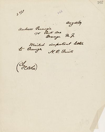 Frick alerts Carnegie of an important letter sent to Orange, [N.J]
