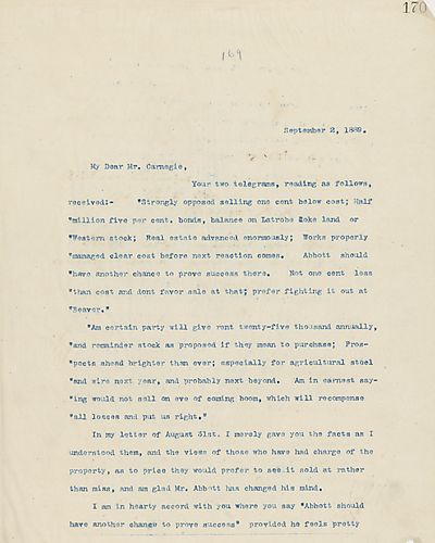 Frick includes Carnegie's own telegrams in letter, and Frick states that he isn't committed to George Oliver's purchase
