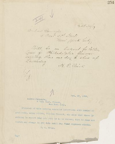 Frick will be on lookout for letter and is leaving for Philadelphia tomorrow. Beneath Frick wires Carnegie on morning dispatch of interviews, specifically William Stewart's, stating that ore rates will not be raised until at least May