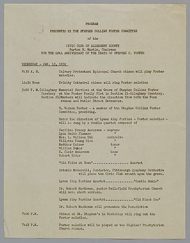 Program for "Program Presented by the Stephen Collins Foster Committee of the Civic Club of Allegheny County for the 68th Anniversary of the Death of Stephen C. Foster"