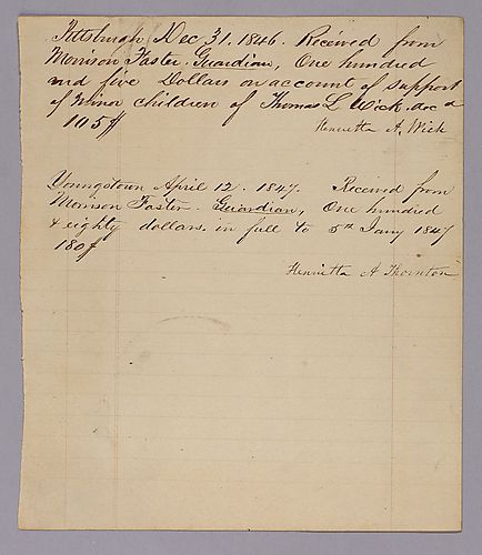Copy of account book pages showing payouts from Thomas Wick's estate