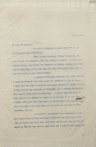 Frick write to Carnegie alluding to developments in the Basic matter and asking what he wants to do about the selling of rails to the Pennsylvania Railroad