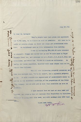 Frick writes Carnegie to inform him Penn has given out contracts for 5,000 cars and to inform him about a visit to prospective property