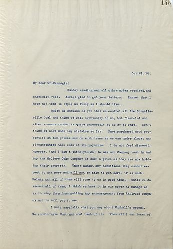 Frick writes Carnegie about busines mattes pertaining to acquisitions, stocks, and employees