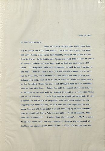 Frick writes Carnegie to inform him about Sith's pig to rails cost and update him on a discussion Frick had with Park about acquisition of Park's company