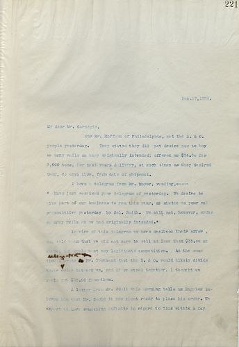 Frick writes Carnegie to update him on matters of business, adding a handwritten post script updating him on the price of rails