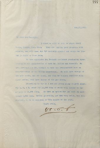 Frick writes Carnegie to tell him they should be able to start using 'G', a steel works, soon and to tell him Mr. Peacock has been hired as assistant purchasing agent and Mr. Clemson is settling in as superintendent of the mining department