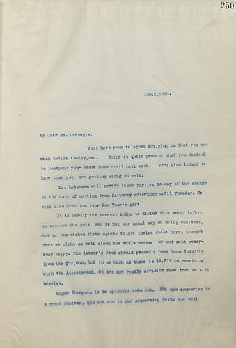 Frick writes Carnegie to express his happiness at Carnegie regaining health and informs him that their meetings have been pushed back and the 'G' furnace will be ready to begin firing in February
