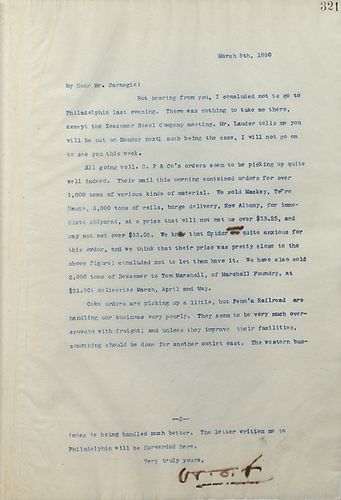 Frick writes Carnegie to tell him he will not be seeing him this week and that the railroad east is having problems accomodating their loads which may mean a new outlet is needed