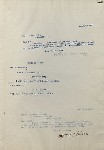 Frick wires Carnegie to inform him he will be in New York on Wednesday and wants to know if he can expect Carnegie