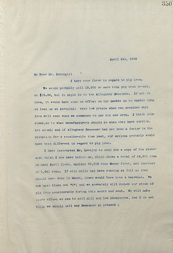Frick writes Carnege to update him as to the status of their furnaces and coke production as well as to notify Carnegie of a prospective gas property